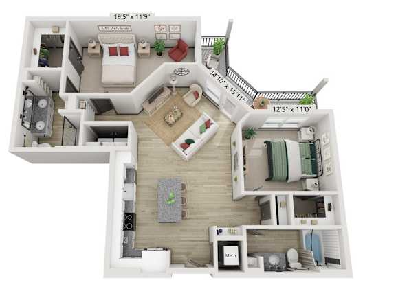 A 3D floor plan of a two-bedroom apartment with a living room, kitchen, and bathroom.