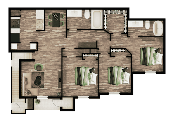 A floor plan of a house with a kitchen, living room, and two bedrooms.