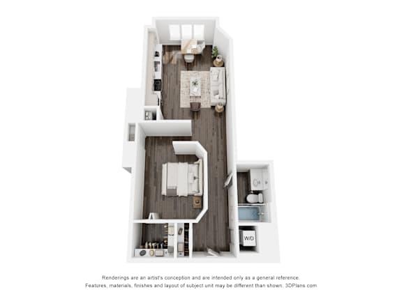 A 3D floor plan of a house with a kitchen, living room, and bathroom.