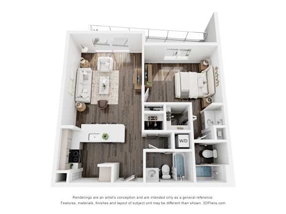 A 3D floor plan of a small apartment with a kitchen, living room, and bathroom.