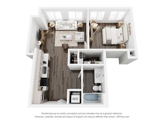 A 3D floor plan of a small apartment with a kitchen, living room, and bathroom.