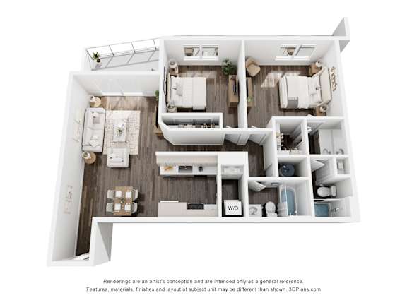A 3D floor plan of a house with a kitchen, living room, and two bedrooms.