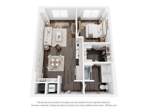 A 3D floor plan of a small apartment with a kitchen, living room, and bathroom.