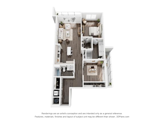 A 3D floor plan of a house with a kitchen, living room, and two bedrooms.