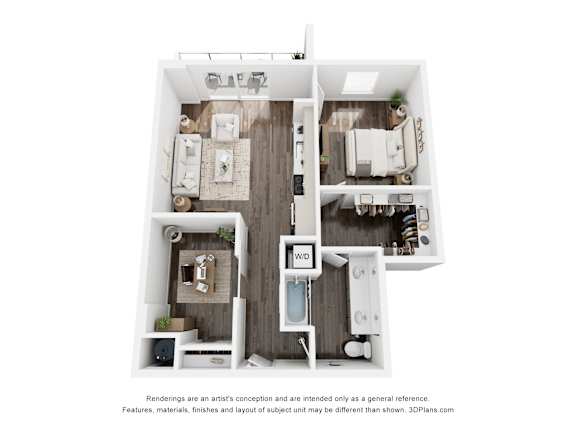 A 3D floor plan of a small apartment with a kitchen, living room, and bathroom.