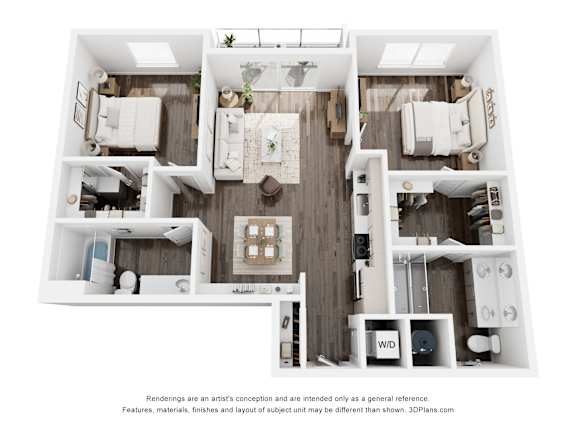 A 3D floor plan of a house with a kitchen, living room, and two bedrooms.
