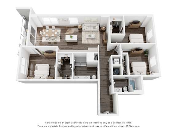 A 3D floor plan of a house with a kitchen, living room, and bedrooms.