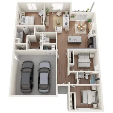 A floor plan of a house with two bedrooms, a living room, a kitchen, and two parking spaces.