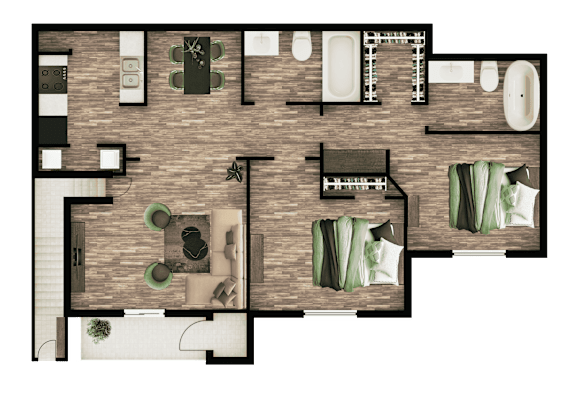 A floor plan of a house with a kitchen, living room, and bathrooms.