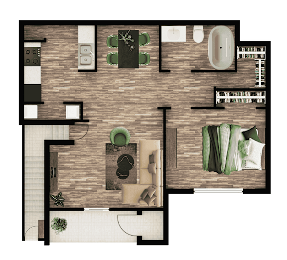 A top-down view of a room with a couch, a coffee table, and a TV.