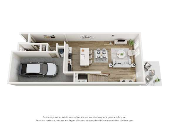 A 3D floor plan of a house with a kitchen, living room, and two bedrooms.