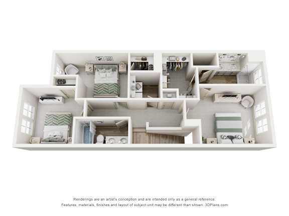 A 3D floor plan of a house with multiple rooms.