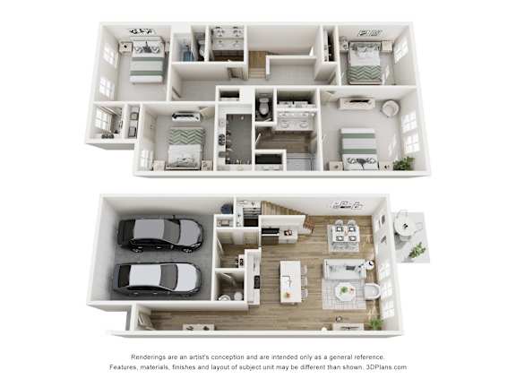 A 3D floor plan of a house with two bedrooms, a living room, a kitchen, and a garage.
