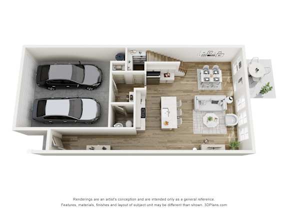 A 3D floor plan of a small apartment with two bedrooms and a living room.