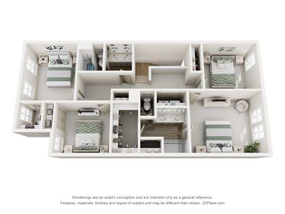 A 3D floor plan of a house with two bedrooms, a living room, a kitchen, and a bathroom.