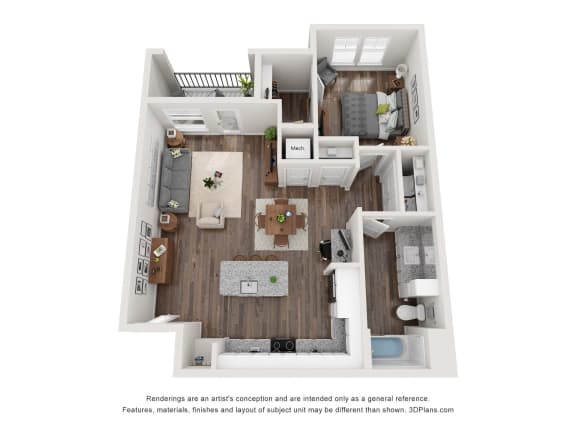 a stylized 3d floor plan with a bedroom and a living room