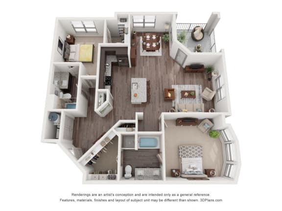 a stylized floor plan of a 1 bedroom floor plan