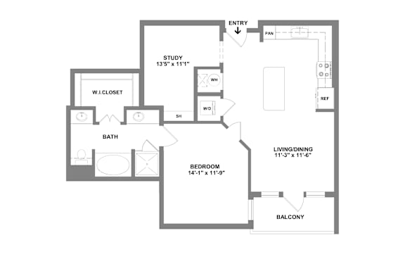 A floor plan of a house with a study, bathroom, bedroom, and balcony.