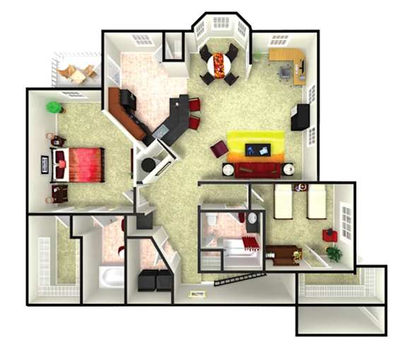 A 3D rendered image of a house layout.