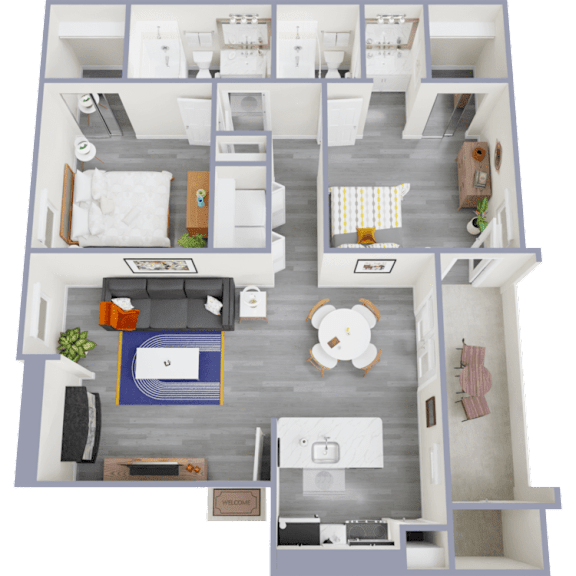 A top-down view of a modern apartment layout with a living room, kitchen, and bedrooms.