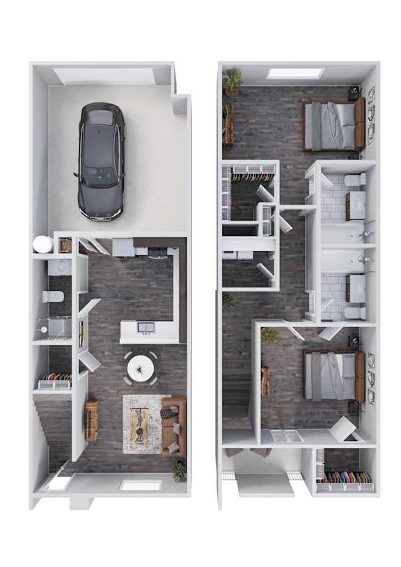 A top down view of a two-story apartment with a car parked in the garage.