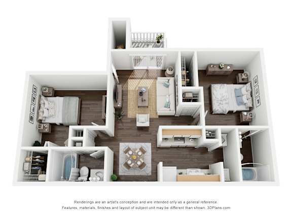 A 3D floor plan of a house with multiple rooms.