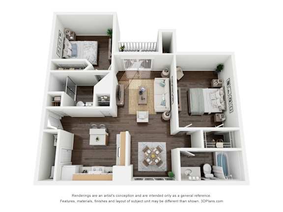 A 3D floor plan of a house with a kitchen, living room, and bedrooms.