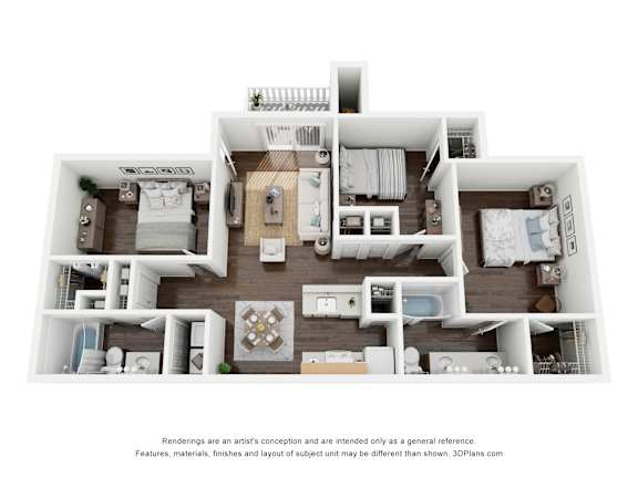 A 3D floor plan of a house with multiple rooms and furniture.