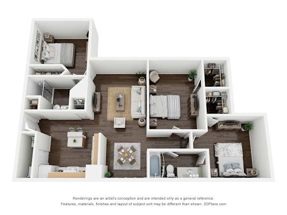 A 3D floor plan of a house with various rooms and furniture.