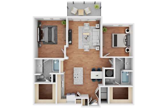 A top-down view of a small apartment layout with a kitchen, living room, and bathroom.