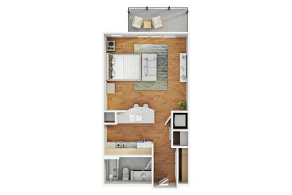 A floor plan of a house with a kitchen, living room, and two bedrooms.