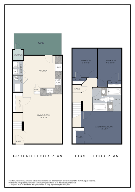 A floor plan of a house with a ground floor and first floor, including a kitchen, living room, and two bedrooms.
