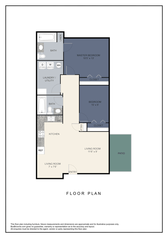 A floor plan of a house with a master bedroom, bathroom, laundry/utility, kitchen, living room, dining room, and patio.