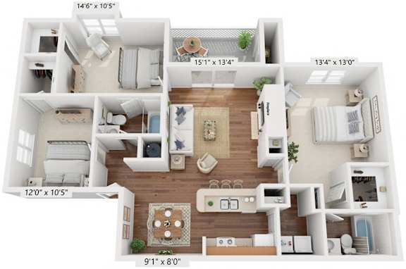 A floor plan of a house with a living room, kitchen, and two bedrooms.
