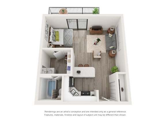 A top-down view of a small apartment with a kitchen, living room, and bedroom.