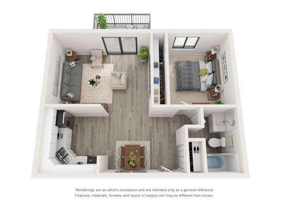A top-down view of a modern apartment layout with a living room, kitchen, and bedroom.