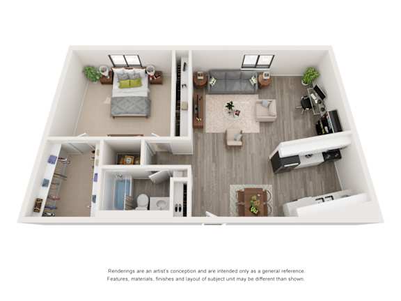 A top-down view of a two-bedroom apartment with a living room, kitchen, and bathroom.