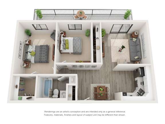 A 3D rendering of a modern, minimalist apartment with a living room, kitchen, and bathroom.