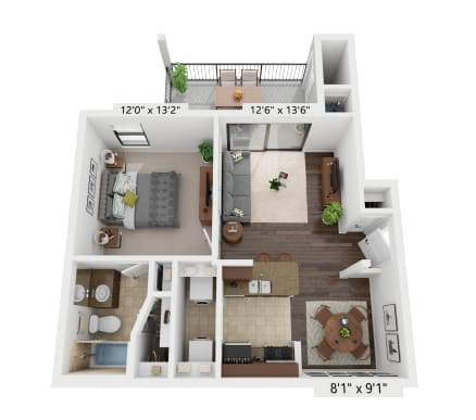 A 3D floor plan of a house with a living room, kitchen, and bathroom.