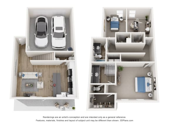 a stylized floor plan of a 1 bedroom apartment with a car and a garage