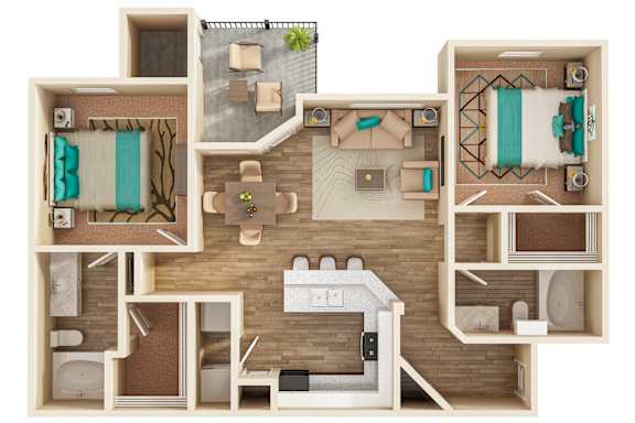 A 3D model of a house with various rooms and furniture.