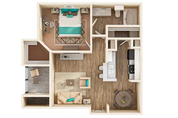 A top down view of a small apartment with a bed, desk, and kitchen area.