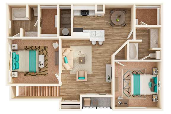 A top-down view of a house layout with a kitchen, living room, and bedrooms.