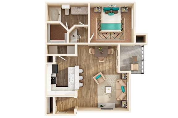 A top down view of a small apartment with a bed, a desk, a couch, and a kitchen area.