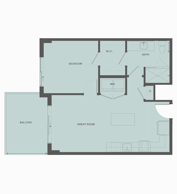 A floor plan of a house with a balcony, two bedrooms, a great room, a bath, a W.I.C., and a W.D.