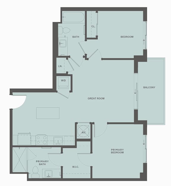 A floor plan of an apartment with a primary bedroom, primary bath, and a great room.