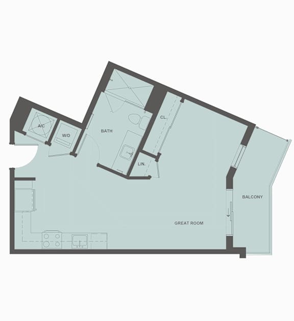 A floor plan of a house with a bath, great room, balcony, and other rooms.