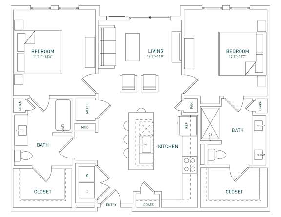 A floor plan of a house with two bedrooms, a living room, a kitchen, a bath, a mudroom, a cloakroom, and an entry.
