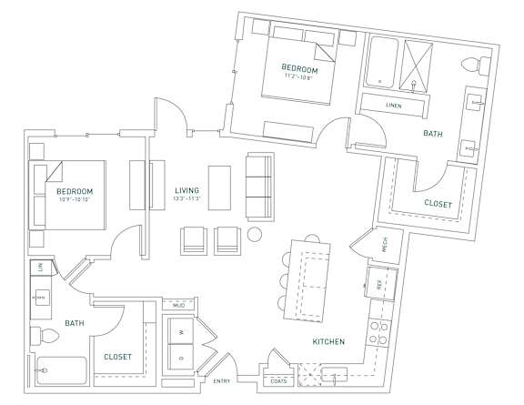 A floor plan of a house with two bedrooms, a living room, a kitchen, a bath, a mudroom, and a linen closet.