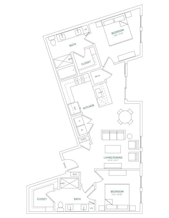 A floor plan of a house with a bedroom, bathroom, kitchen, and living room.
